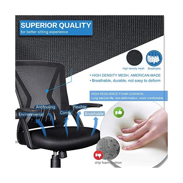 KOLLIEE Mid Back Mesh Office Chair Ergonomic Swivel Black Mesh Computer Chair Flip Up Arms With