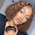Pinketer 2/30 Highlight Bob Wig Human Hair 4x4 Wear and Go Glueless Wigs Pre Cut Lace 180% Density Deep Wave Human Hair Wigs for Black Women Beginner Friendly Highlight (Glueless Bob Wig, 8inch)