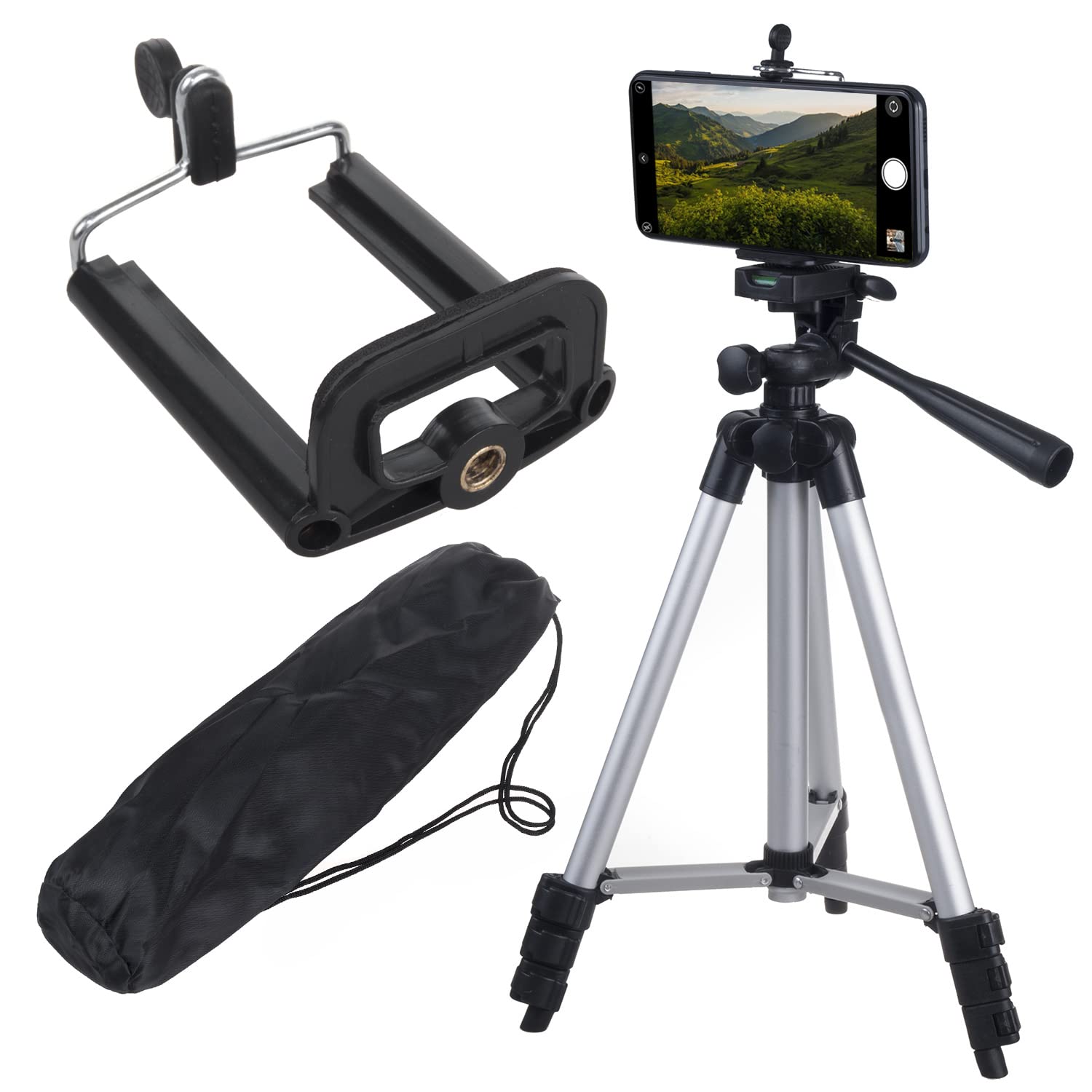 Maclean MC-164 Universal 1/4" Tripod with Phone Holder and Carrying Case Suitable for Cameras Camcorders Smartphones Ring Lights Tripod Foldable Adjustable Height Max 102cm