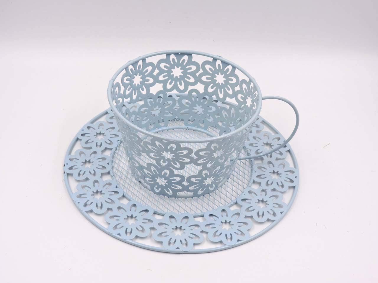 Shabby Chic Exquisite Tea Cup Shaped Floral Planter in Blue Color Wrought Iron, Home Decor