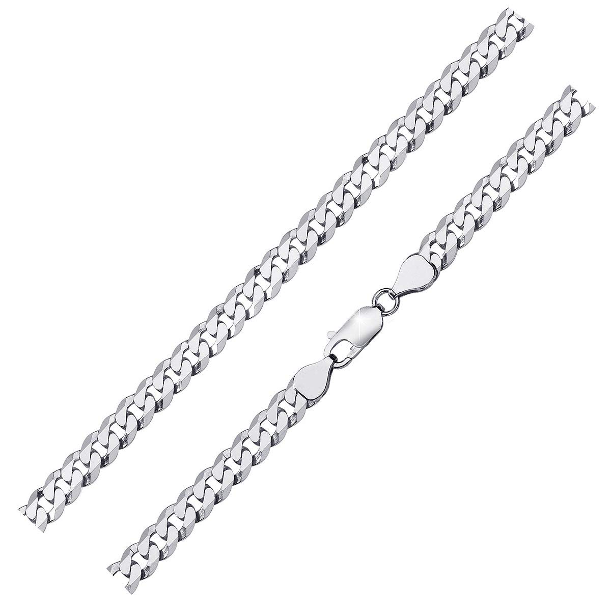 Materia #SA-63 Men's Curb Chain Bracelet, 8 mm, Flat, 925 Silver, Rhodium-Plated, 8x Diamond Finish Silver