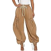 LETSVDO Women's Baggy Cargo Jogger Jeans High Waisted Wide Leg Drawstring Bow Pockets Loose Harem Denim Pant Sweatpants