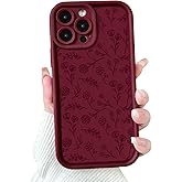 NITITOP Compatible with iPhone 13 Pro Max Case Cute Flowers Floral Leaves Design for Women Girls Stylish Artistic Soft TPU Shockproof Full Camera Protective Cover - Wine Red