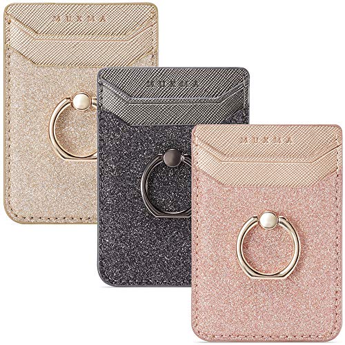 Card Holder for Back of Phone, Acrsikr RFID Blocking Glitter Cell Phone Credit Wallet with Ring Pocket Stick on iPhone