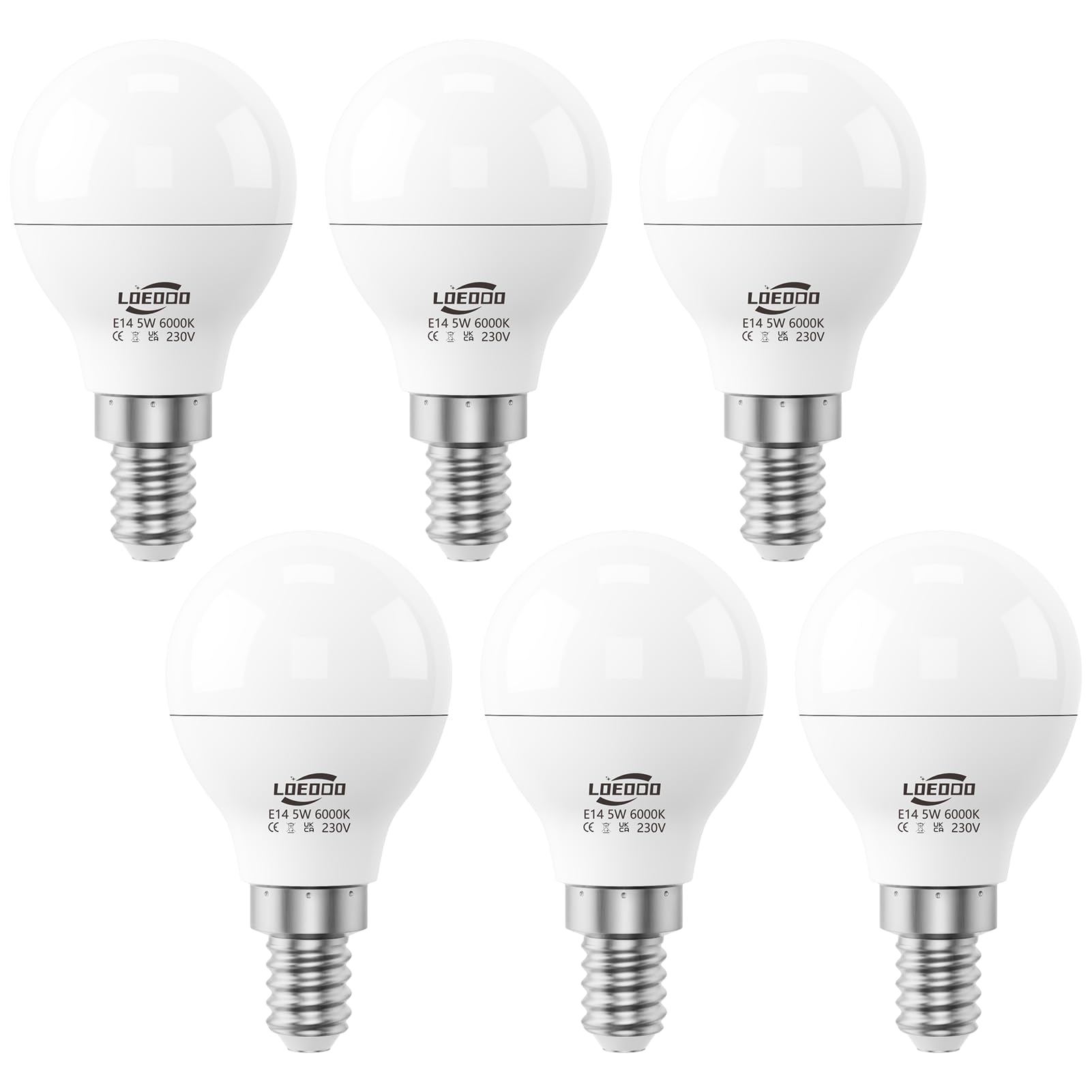 LOEODO E14 LED Bulbs 40W Equivalent, 5W Screw Light Bulb, 470 Lumens, 6000K Cool White, Golf Ball Bulbs, Non-Dimmable, Pack of 6
