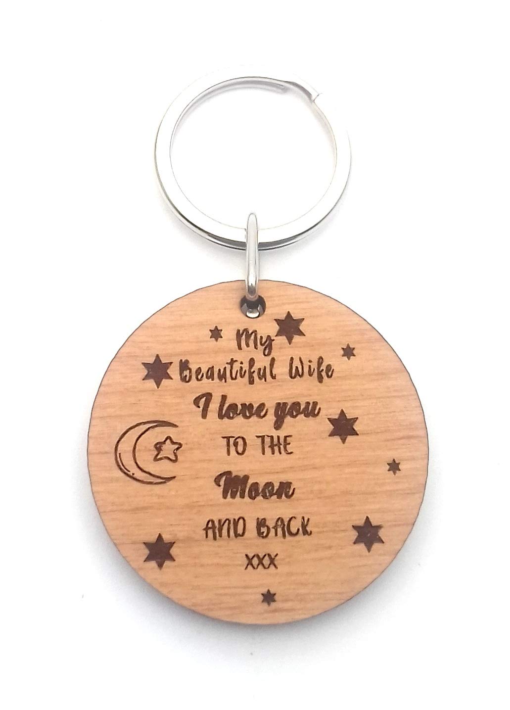 My Beautiful Wife Love You to The Moon and Back Wooden Wood Keyring Key Ring Keepsake for Her I
