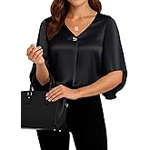 CiCiBird Women's V Neck Silk Blouse 3/4 Bell Satin Sleeve Shirts Business Work Pleated Tops Black L