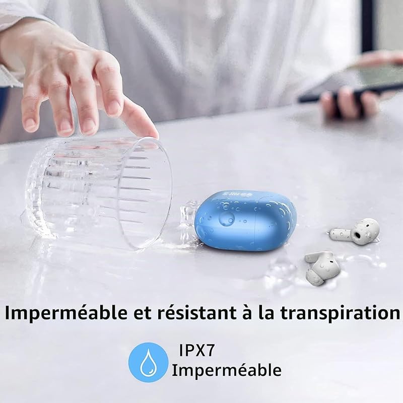 Ecouteurs Bluetooth Sans Fil, Écouteurs Bluetooth 5.4 Hi-FI Stéréo avec 4 ENC Réduction Antibruit Mic, 40H Casque Sans Fil, Écran LED, Contrôle Tactil, IP7 Étanche Oreillette pour iOS Android,Lac Bleu