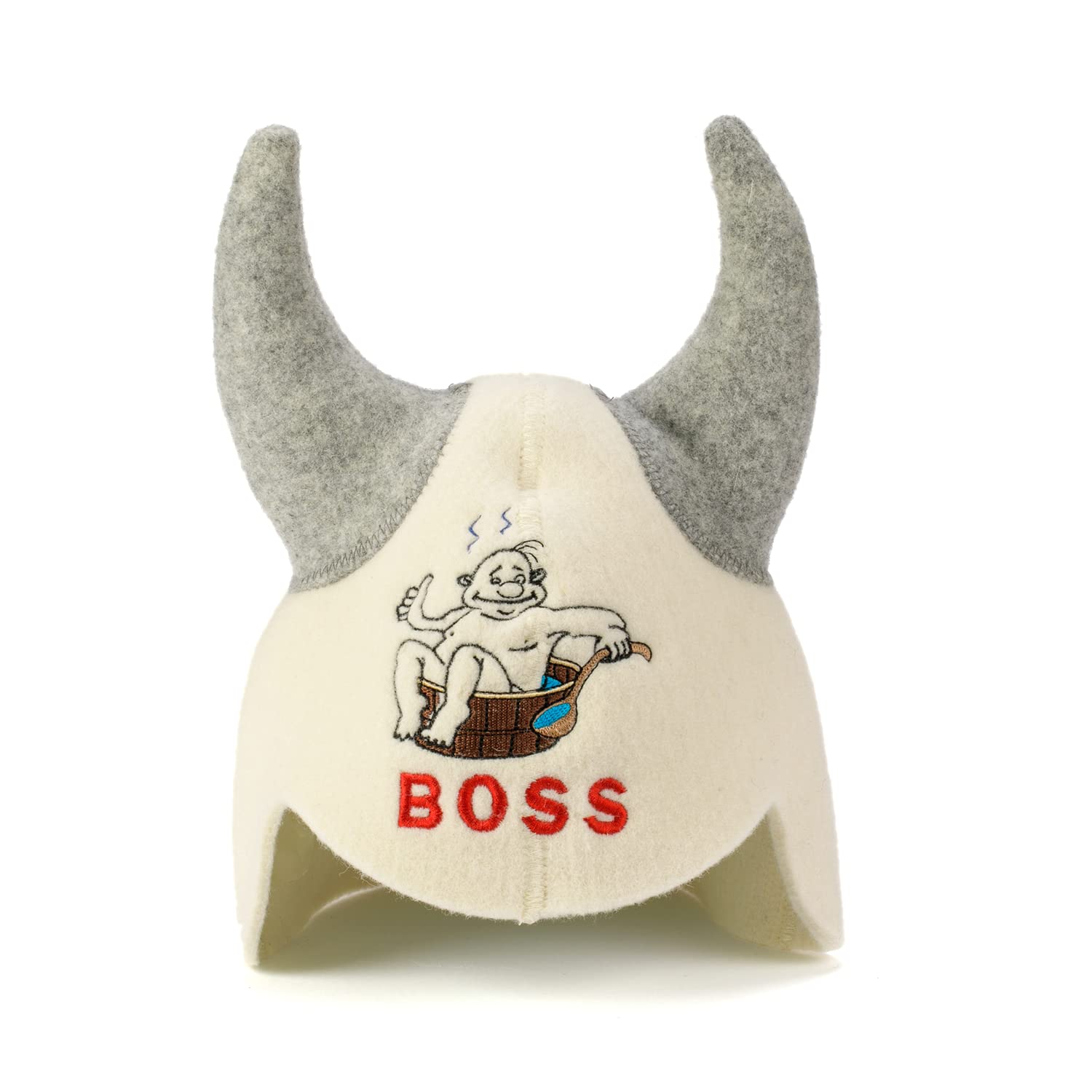 Natural Textile Sauna Hat 'Sauna Boss Devil' White - 100% Organic Wool Felt Hats for Russian Banya - Protect Your Head from Heat - English Sauna eBook Guide Included - with Embroidery