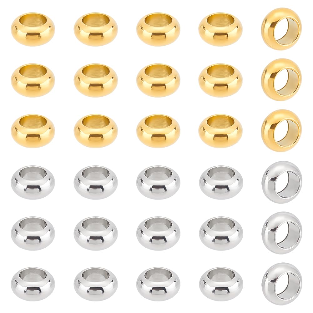 UNICRAFTALE 30Pcs 2 Colors 304 Stainless Steel Spacer Beads Rondelle Beads Golden Beads 6mm Hole Hollow Beads Metal Loose Beads Large Hole Bracelet Beads for DIY Necklace Jewelry Making