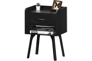 Lerliuo Black Nightstand, Mid Century Modern Bedside Table with Cloth Drawer, Wood End Table for Small Space, Side Table with Storage, Night Stand for Bedroom/Living Room/Dorm