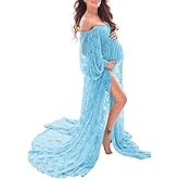 Saslax Soft Stretchy Lace Off Shoulder Doubly Split A-line Skirt Maternity Dress Pregnancy Maxi Gown for Photoshoot