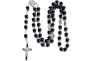 Rnivida Catholic Black Rosary Beads Necklace with Jesus Crucifix, Catholic Prayer Gifts