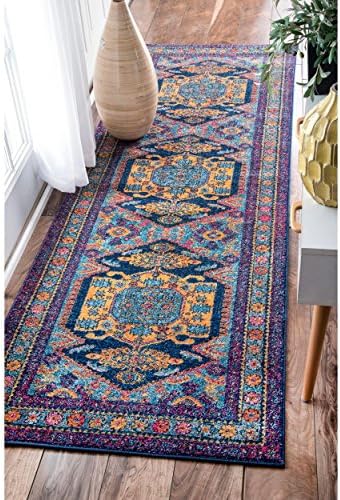 2'8 x 8' Bohemian Tribal Floral Multi Color Runner Rug,Navy Teal Blue Gold Polypropylene Royal Pretty Beautiful Hippy Hippie Floral Flower Soft Cozy Fancy Classy Living Room Indoor Accent Carpet