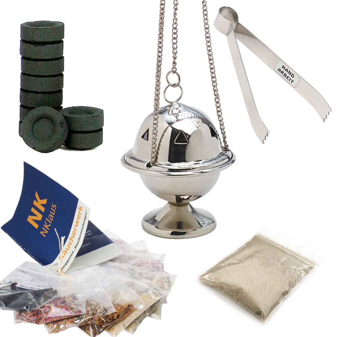 NKlaus 5pcs incense set incense burner brass incense - starter pack coal tongs 40647
