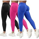 Coume 3 Pcs Womens Workout Leggings Butt Lifting Seamless Scrunch Yoga Pants Tummy Compression Medium Waist Tights