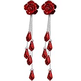 Red Rose Tassel Drop Earrings for Women, 925 Sterling Silver Long Dangle Earrings with Austrian Crystals, Boho Statement Floral Fringe Jewelry
