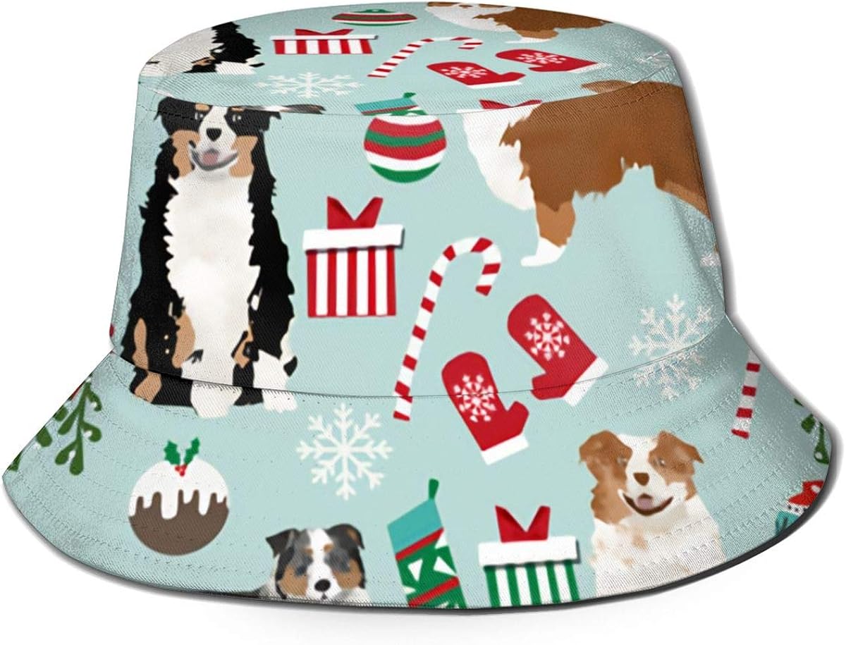 Unisex Australian Shepherd Christmas Cute Aussie Dogs Travel Bucket Hat