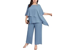 Hanna Nikole Plus Size Mother of Bride Pant Suits 2 Piece Chiffon Sets Ruffle Layers Wedding Guest Outfit