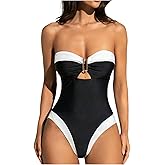 WDIRARA Women's Contrast Trim Strapless One Piece Swimsuit Metal Cut Out Bandeau High Cut Swimwear