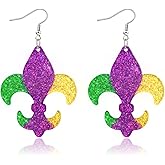 Ronglry Mardi Gras Earrings Carnival Earrings Mardi Gras Accessories for Women Cute Jewelry Acrylic Purple Yellow Green Earring Carnival Theme Party Decorations-Shiny