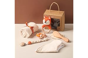 OESSUF Baby Gift Set for Newborn New Baby Gift Set - 7 PCS Newborn Baby Essentials Basket Baby Bath Set with Baby Blanket Baby Rattle - New Born Baby Girls Gift & Baby Boy Gifts for Baby Shower(Fox)