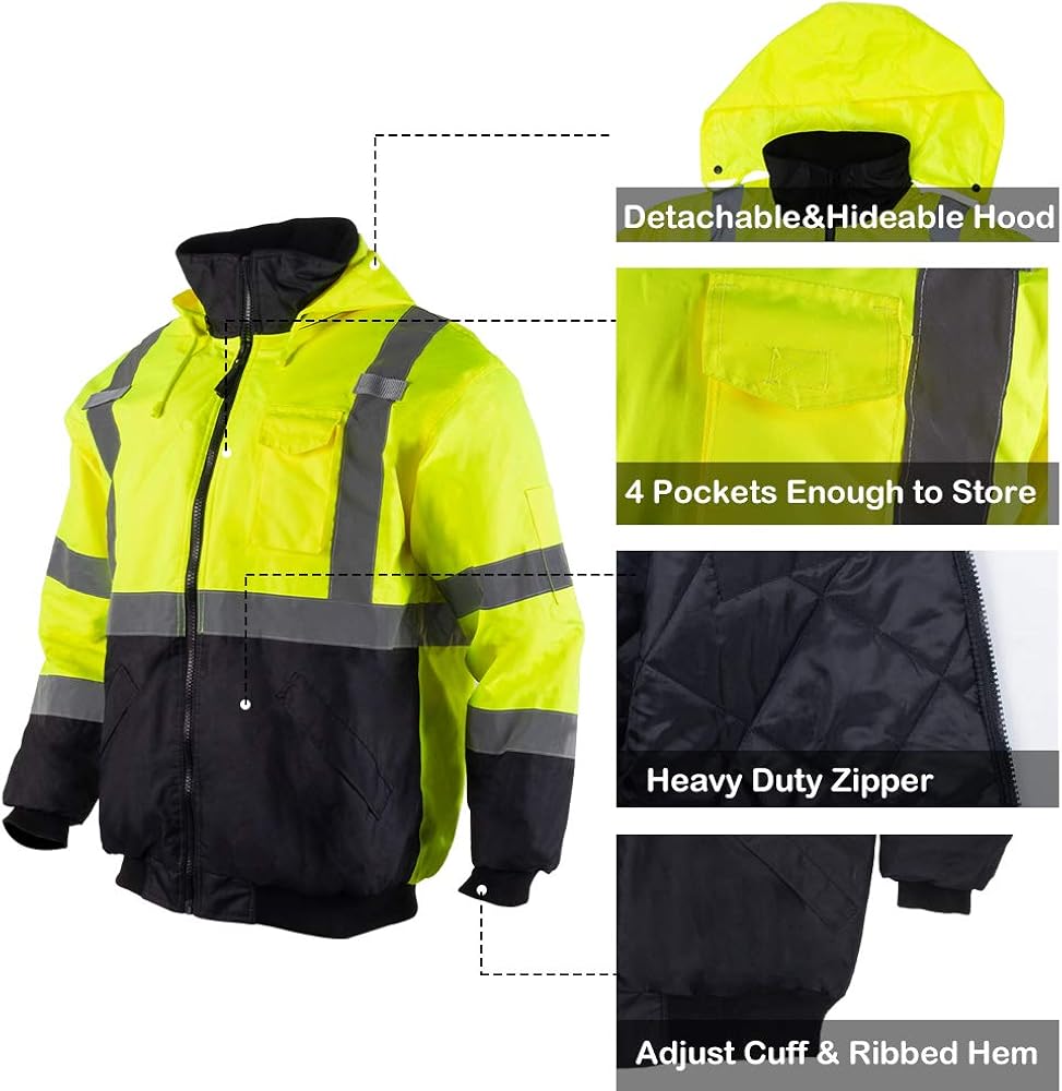 VENDACE Men's ANSI Class 3 High Vis Safety Reflective Bomber Jacket Hoodie Waterproof with Detachable Hood: Clothing