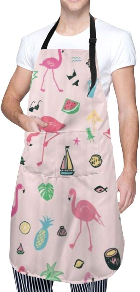 Amazon Kapanou エプロン かわいいフラミンゴ鳥夏のパターンスイカドリンクボート熱帯オオバコの木 おしゃれ スタイリッシュ 無地 ポケット付 男女兼用 シンプルデザイン 仕事用 家庭用 カフェ用 保育士用 しわになりにくい エプロン オンライン通販