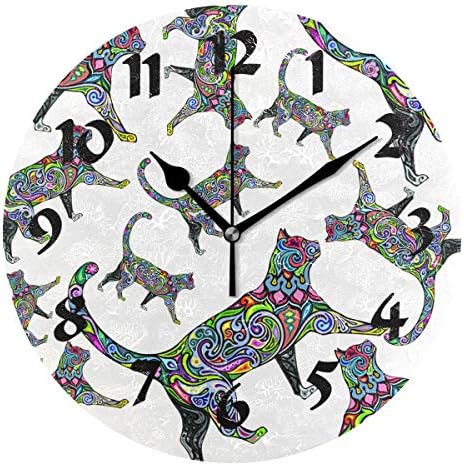 Round Art Psychedelic Cat Wall Clock Silent Non Ticking Battery Operated Decorative for Kitchen Living Room Bedroom Office