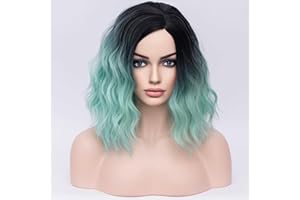 BERON 14" Green Ombre Wigs forWomen Girls Short Curly Bob Wavy Wig Girls Black and Green Body Wave Halloween Cosplay Daily Party Wigs