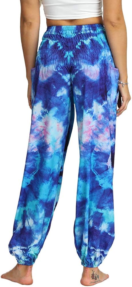 Nuofengkudu Women's Hippie Baggy Harem Trousers Smocked High Waist Soft Bohemian Print Colourful Yoga Pants with Pockets Lightweight Flowy Travel Holiday Beachwear (Blue A,One Size) - Image 4