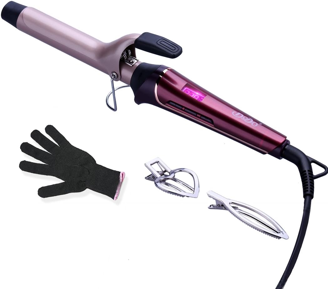 Curling Iron 1 Inch Tourmaline Ceramic Curling Wand, Metal Ceramic Heating Tech, Dual Voltage, Heat Settings 230℉-410℉, LCD Digital Display, with heat resistant glove and 2 Hair Clips