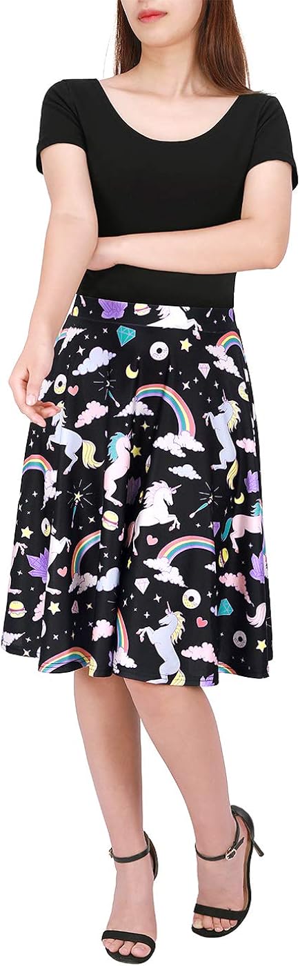 HDE Skirts for Women - Midi Skirt Skater Skirt Knee Length High Waist Fun Prints: Clothing