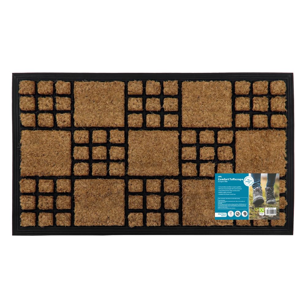 JVL Comfort Rubber Backed Coir Tuffscrape Scraper Doormat, 40x70 cm, Chequered