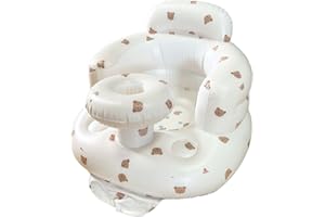 Baby Bath Seat, Inflatable Baby Seat Bear Pattern Built-in Pump Foldable Sit Up Chair with Tray, Neck Pillow and Leg Rest 20x