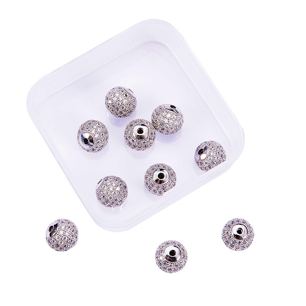 NBEADS 1 Box of 10 Pcs 10mm Crystal Cubic Zirconia Pave Micro Setting Round Beads Pave Disco Ball Spacer Beads Brass Bracelet Connector Charms for Jewelry Making, Platinum Color