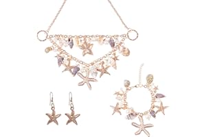 PH PandaHall Halloween Mermaid Costume Accessories Jewelry Set Shell Starfish Necklace Earrings Women Mermaid Jewelry with Gift Box Seashell Bib Statement Necklace for Cosplay Fancy Dress up (Gold)