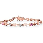 Gem Stone King 18K Rose Gold Plated Silver White Lab Grown Diamond and Pink Moissanite Bracelet For Women (2.29 Cttw, Gemstone April Birthstone, Round 4MM, 7.5 Inch)