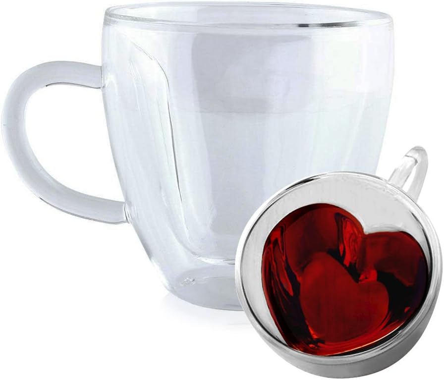 Gleart | 4.7oz Premium Heart-shaped Double Wall Insulated Thermo Borosilicate Glass / Espresso Mug for Cold and Hot Beverages, Dishwasher and Microwave Safe, 1 pcs