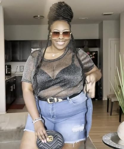 RITERA Women Mesh Tops Black Sequin Plus Size See Through Sheer