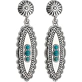 QLYOVWE Handmade Turquoise Bohemian Dangle Earrings for Women Vintage Statement Silver Teardrop Earrings Turquoise Geometric Ethnic Earrings Vintage Country Western Jewelry