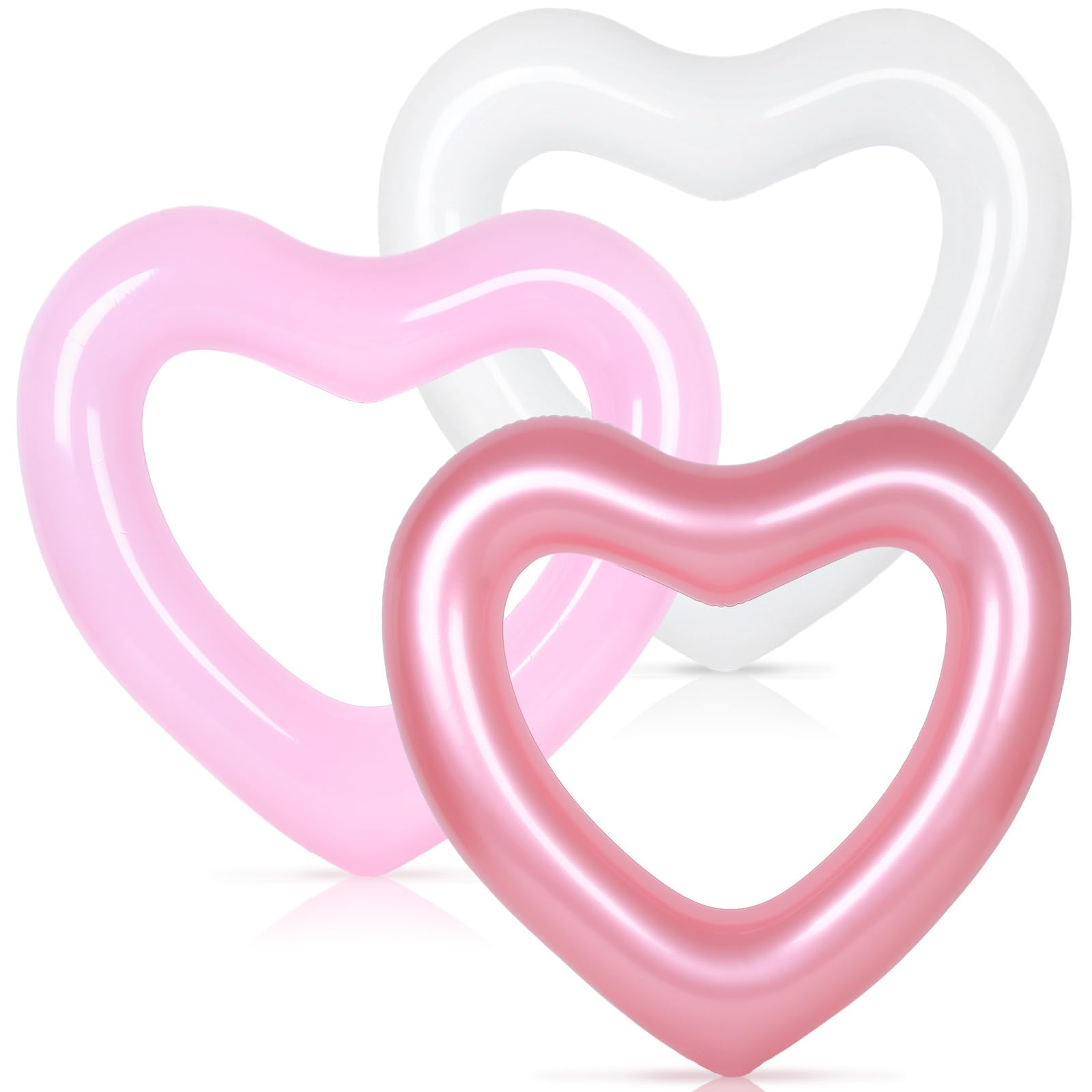Photo 1 of Whaline 3Pcs Inflatable Heart Pool Float Rose Gold Pink White Swim Heart Shaped Pool Rings Float Loungers Tube for Summer Swimming Pool Beach Bachelorette Party, 47.3 x 39.4 Inch