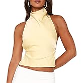 Passec Open Back Halter Tops for Women Bow Tie Back Ruched Ruffle Crop Tops Smocked Y2K Going Out Camisoles
