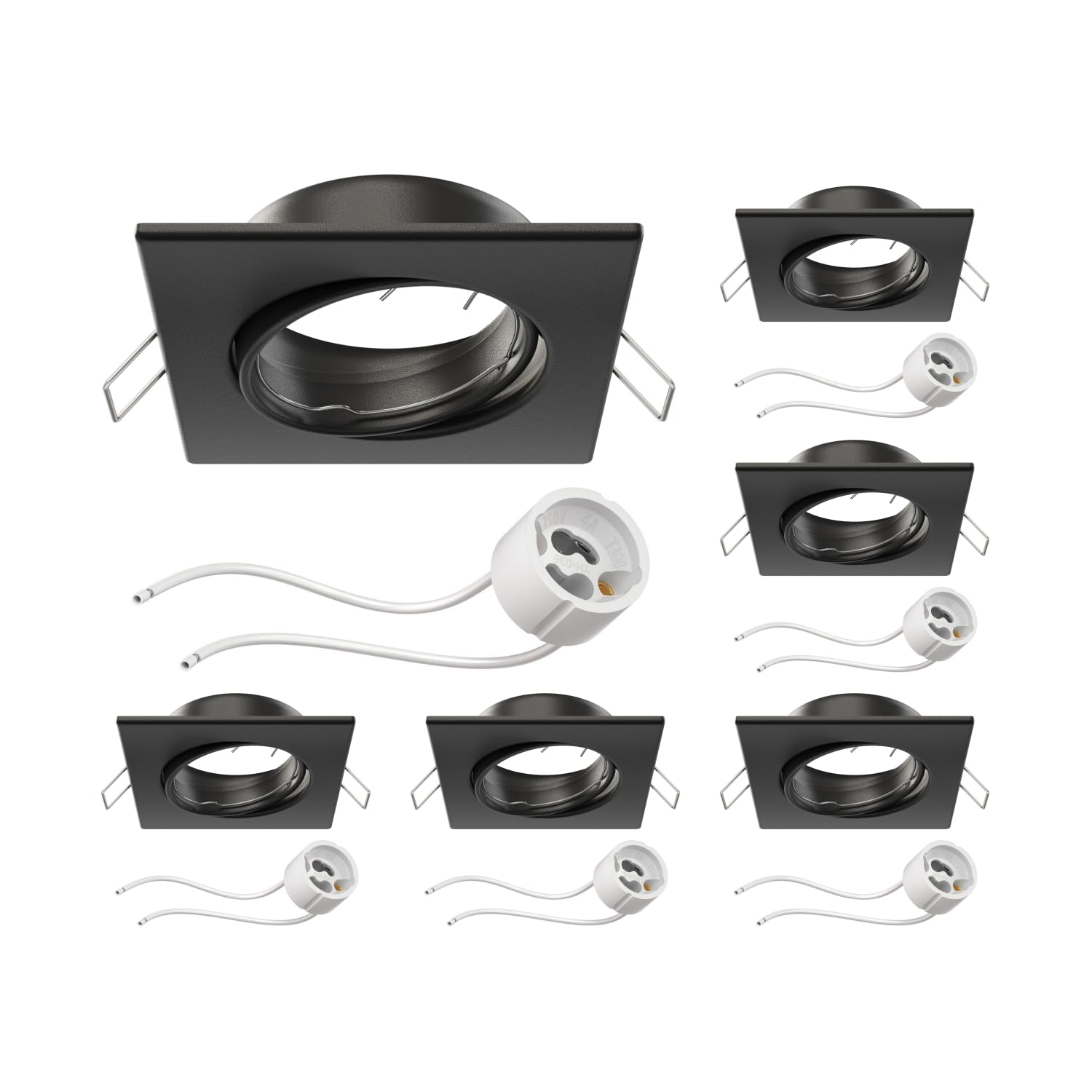 ledscom.de 6 pcs. recessed Ceiling Frame RIR recessed Frame Black matt Angular swivelling (LED/Halogen/GU10/MR16/PAR16/50mm) incl. GU10 Socket — image 1