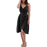 Amazhiyu Womens Summer Spaghetti Strap Sleeveless Midi Wrap Dress with Pockets Black, Small