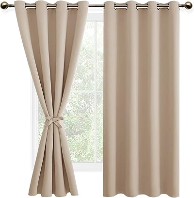 DWCN Beige Blackout Curtains with Tiebacks 52x54 Set of 2 Panels