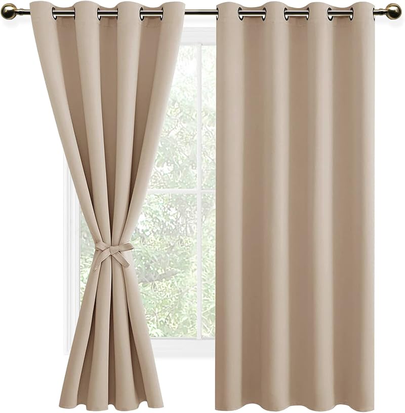 DWCN Beige Blackout Curtains with Tiebacks 52x54 Set of 2 Panels