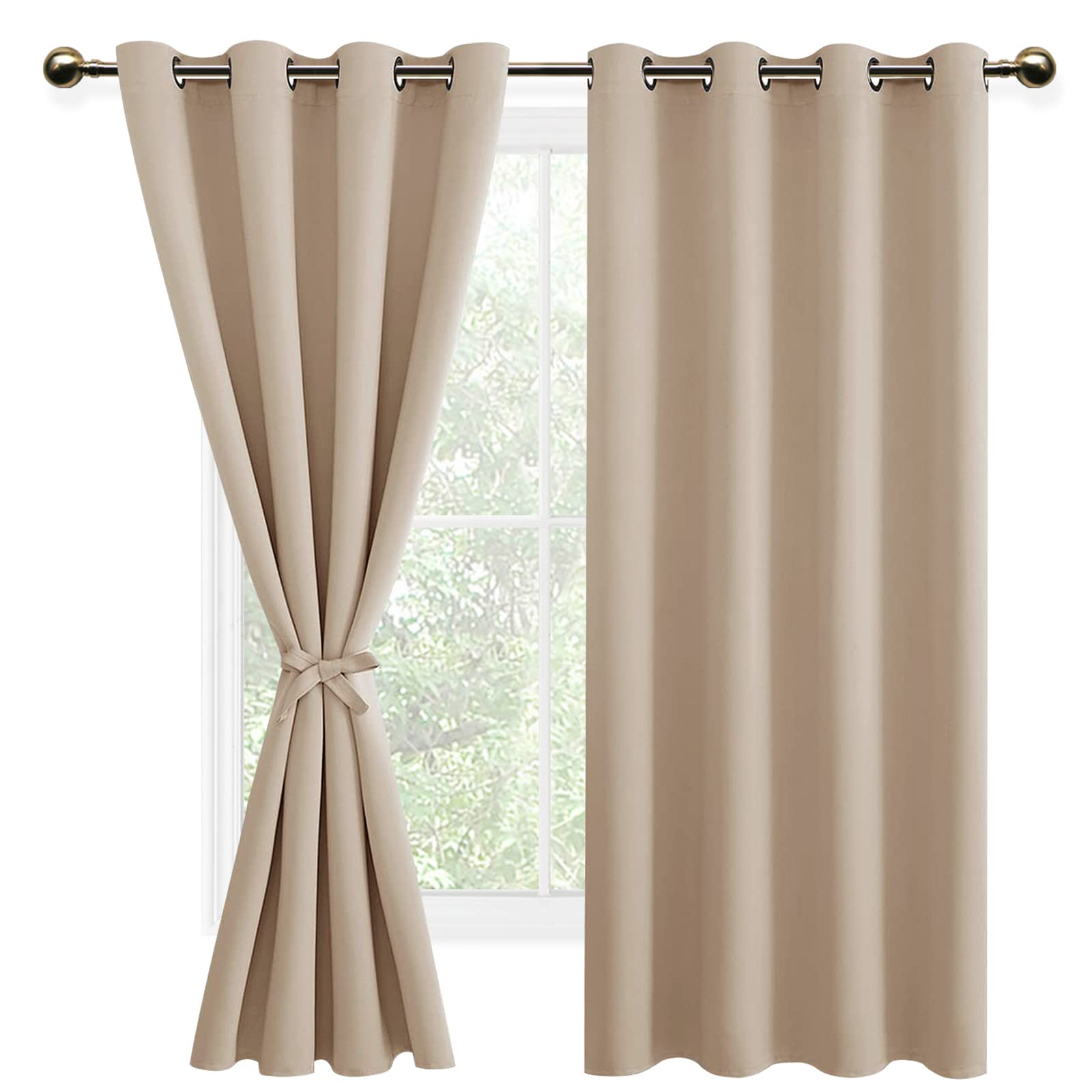DWCN Beige Blackout Curtains with Tiebacks for Bedroom Thermal Insulated Solid Eyelet Curtains for Living Room,2 Panels,52" Wide x 54" Drop