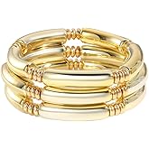 RINTOLER Chunky Gold Bangles Bracelets for Women - 14k Gold Plated Stack Layered Curved Bamboo Tube Stretch Bracelets Gift Jewelry