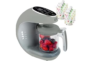 EVLA'S Baby Food Maker, Steamer, Blender, Baby Food Processor for Healthy Homemade Baby Food in Minutes, Touch Screen with 6 Reusable Food Pouches, Baby Registry Essential, Grey